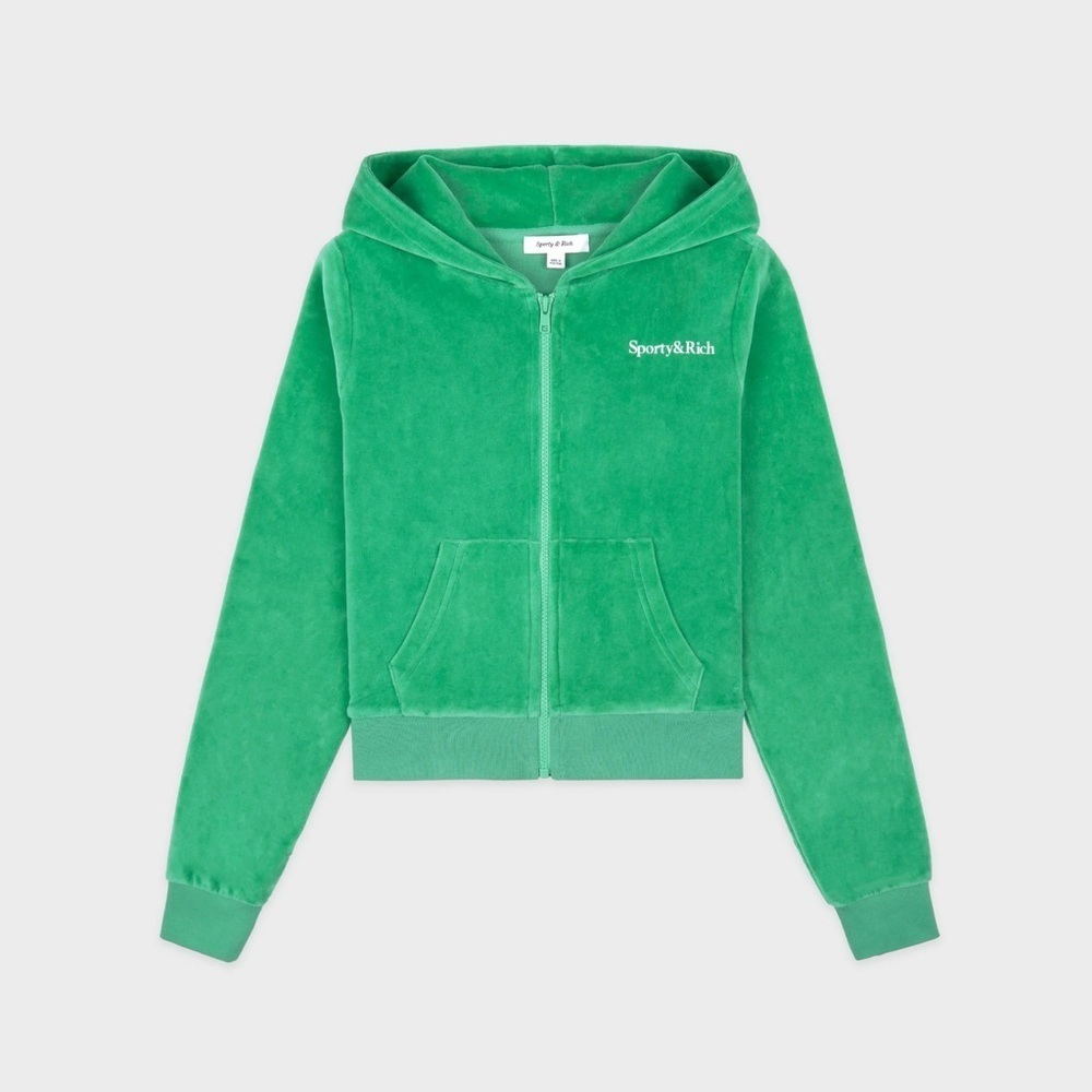 SPORTY & RICH Health Ivy Velour Zipped Hoodie in Green XL - Picture 3 of 8